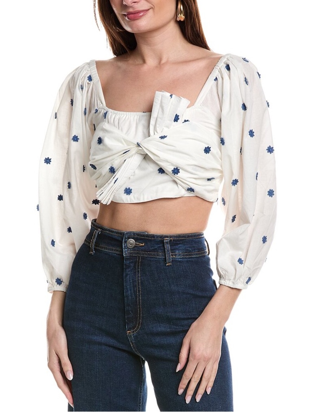 ✨FARM RIO✨Blue Flowers Crop Top In White